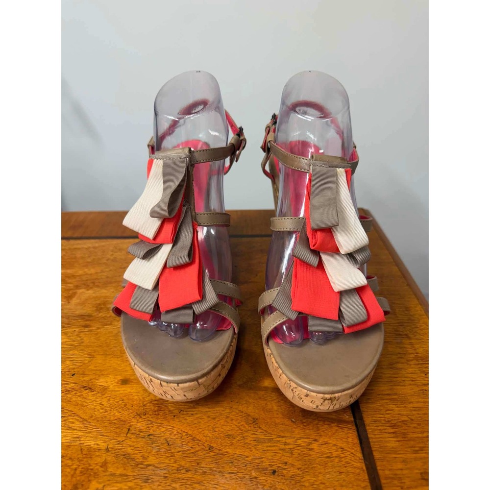 Boden Ruffle Ribbon Cork Wedge Sandals Taupe Pink Orange Size 41 EU 10 US